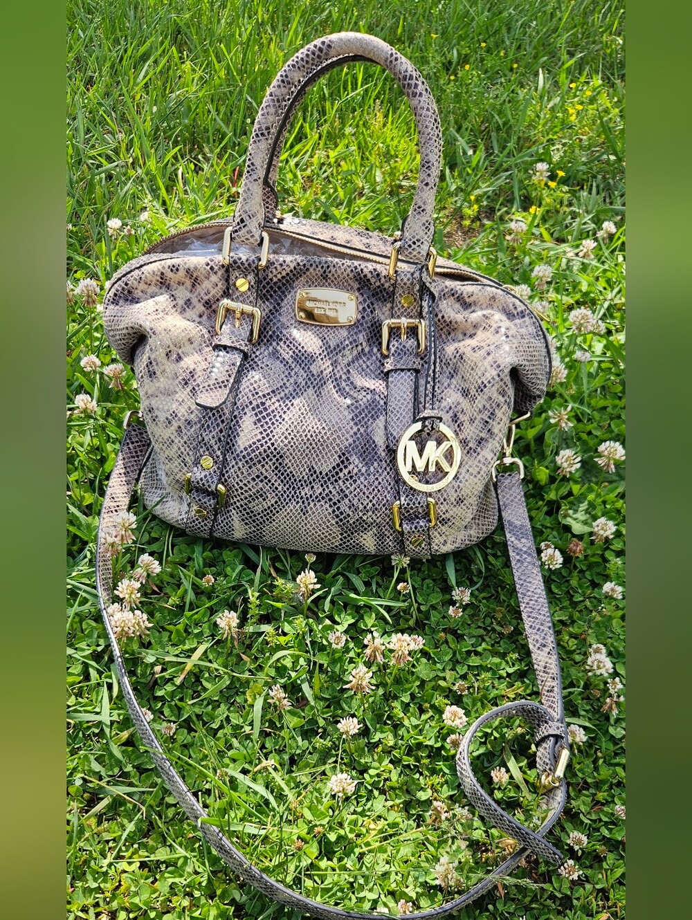 Michael Kors Snake-Print Satchel in Taupe and Black